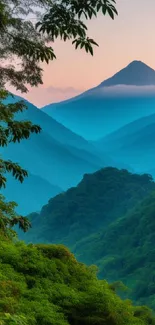 Serene mountain landscape with lush greenery and blue hues.