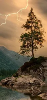 Mountain landscape with lightning and calm lake reflection.