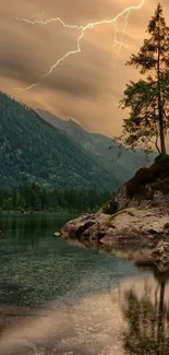 Serene mountain landscape with lightning and tranquil waters.