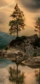 A serene mountain lake with lightning in the evening sky.