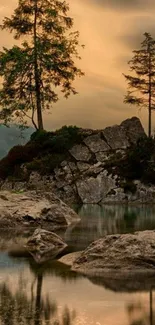 Mountain scene with lightning bolt at sunset over calm lake.