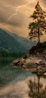 Mountain landscape with tree and lightning bolt.