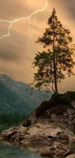 Lightning over mountain landscape with tree and rocks.