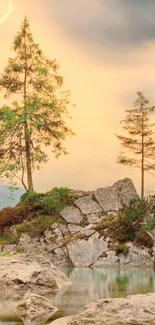 Serene island with trees and lightning in a stormy sky.