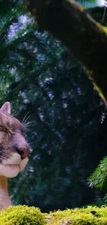 A serene mountain lion rests in a lush green forest.