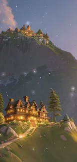 Tranquil mountain lodge at dusk with scenic views and glowing lights.