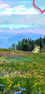 Serene mountain meadow with wildflowers and a vibrant sky.