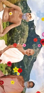 Three meditating individuals with flowers and mountain backdrop.