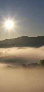 Sunrise over misty hills with a serene and peaceful atmosphere.