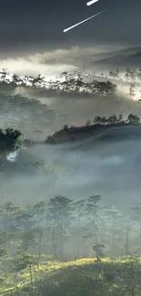 Misty mountains with greenery under starlit sky, creating tranquil scenery.