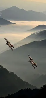 Serene misty mountain landscape with two birds in flight.