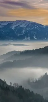 Foggy mountain landscape with forested hills and snow-capped peaks.