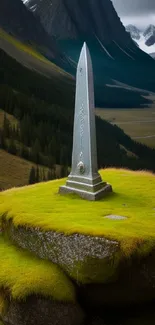 Tranquil mountain landscape with stone monument and lush green foreground.