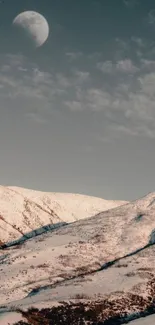 Snowy mountain landscape under a moonlit sky.