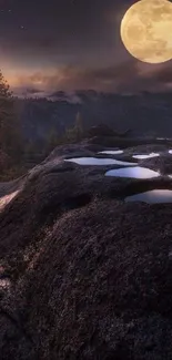 Full moon rising over a serene mountain landscape with glowing pools.