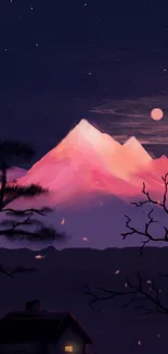 Pink-hued mountains under a dark, starry night sky with a glowing moon.