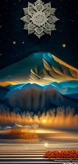 Serene mountain landscape at night with golden mandala and starry sky.