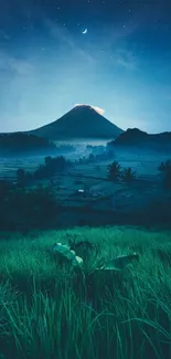 Serene nightscape with a mountain silhouette under a starry sky and crescent moon.