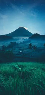 A tranquil moonlit mountain landscape at night.