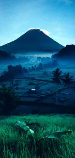 A serene mountain under a starry night sky with lush green fields.