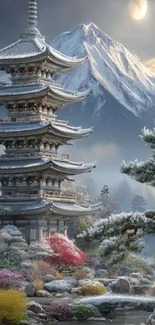 Snowy pagoda with mountain backdrop.