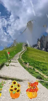 Mountain path under a cloudy sky with flowers in pumpkin pots.