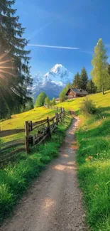 Serene pathway leading to a cabin in a lush mountain landscape.
