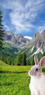 A rabbit in a lush green meadow with mountains in the background.