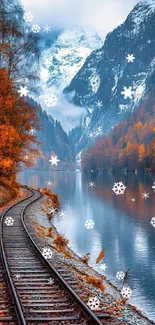 Scenic mountain railway with autumn foliage and snowflakes.