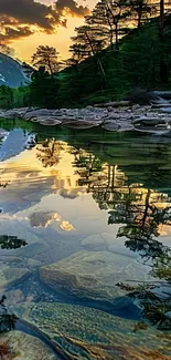 Peaceful mountain river reflecting sunset and trees.