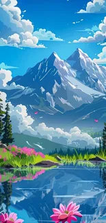 Artistic depiction of mountain reflection on a serene lake under a vibrant sky.