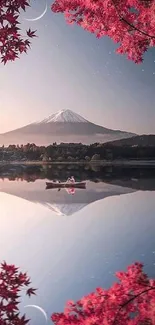 Wallpaper of mountain reflection with pink cherry blossoms and serene lake.