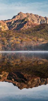 Serene mountain reflection on a calm lake surface.