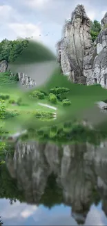 Serene mountains reflected in calm water with lush greenery.