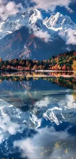 Beautiful mountain reflection with autumn colors and clear blue sky.