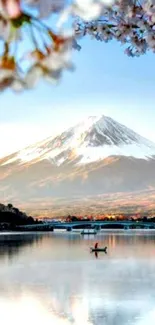 Serene reflection of snow-capped mountain and cherry blossoms over a calm lake.