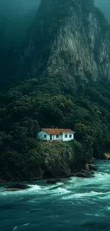 Serene house nestled in lush mountain landscape.