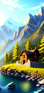 Cabin by the lake with mountains in the background wallpaper.