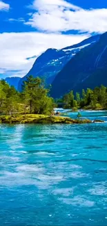 Blue river flowing through lush green and mountainous landscape.