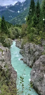 Serene mountain river flowing through lush forested landscape.