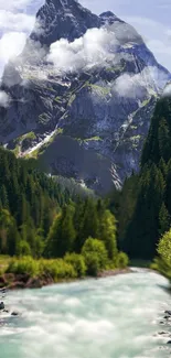 Serene mountain river with forest and cloudy peak in wallpaper.