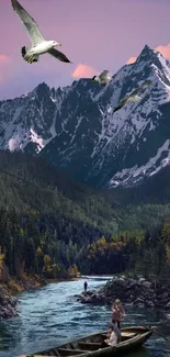 Majestic mountain range with river and birds in flight.