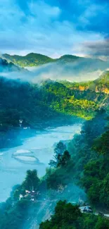 Lush green mountains and river under a blue sky wallpaper.