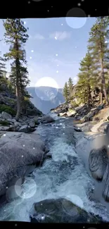 Mountain river flowing under blue sky.