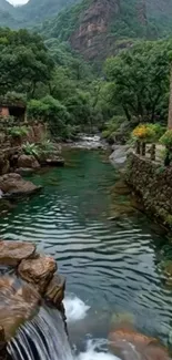 Tranquil river flowing through lush mountain landscape.