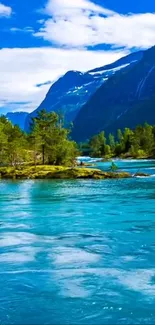 Serene mountain river with blue waters and lush greenery under clear sky.