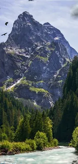 Serene mountain river with tulips and forest.