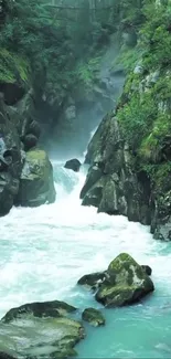 Serene mountain river flowing through lush green landscape with rocks.