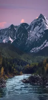 Serene mountain river with snow-capped peaks under a purple sky.