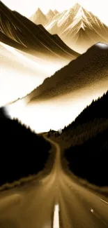 Serene mountain road with brown peaks.